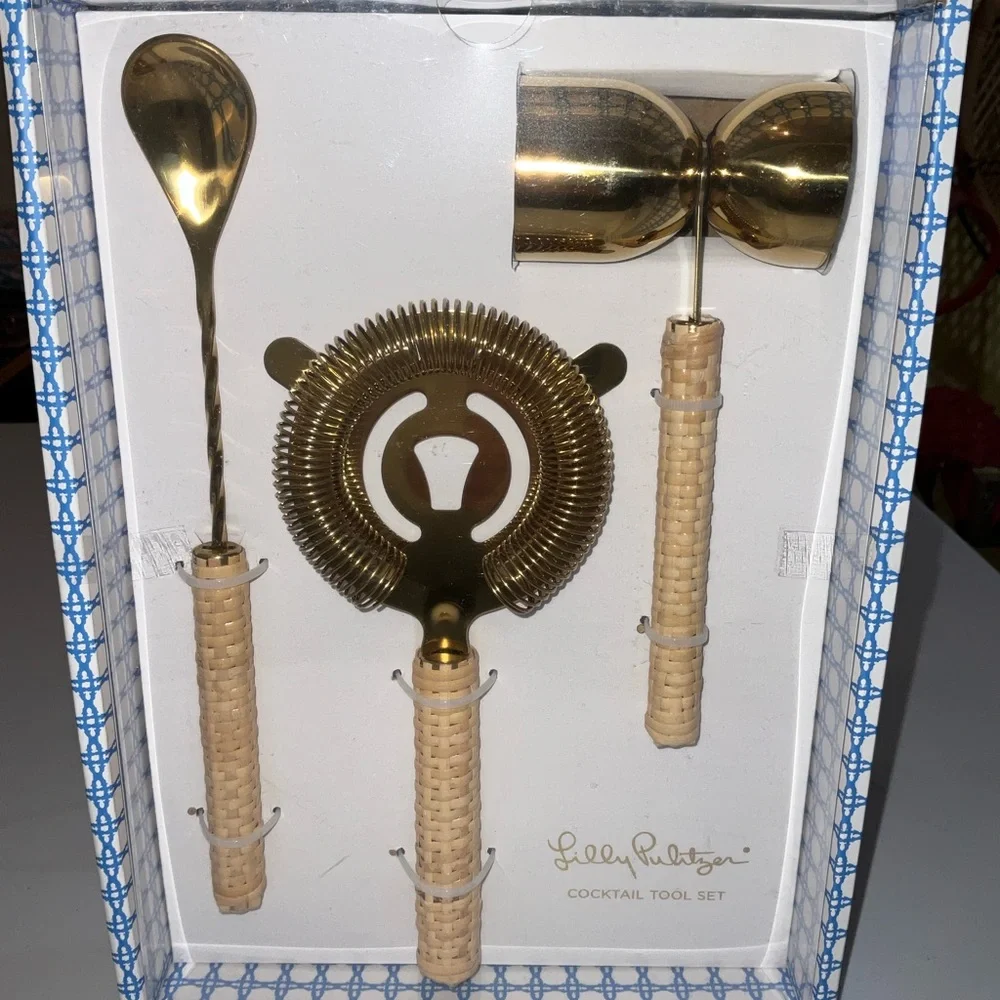 Lilly Pulitzer NIB 3 Piece Gold Cocktail Tool Set Caning
